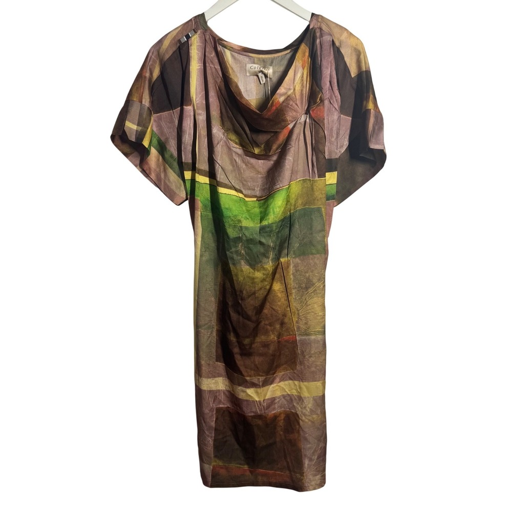 Cotelac Abstract Geometric Cowl Neck Dress Brown Green Short Sleeve Tie Back L